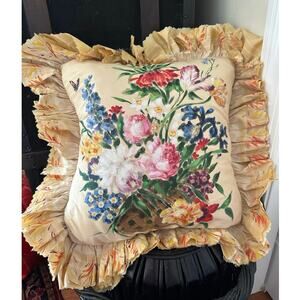 Vintage Silk Victorian Pillow Hand Painted ruffled yellow Dawn filled READ